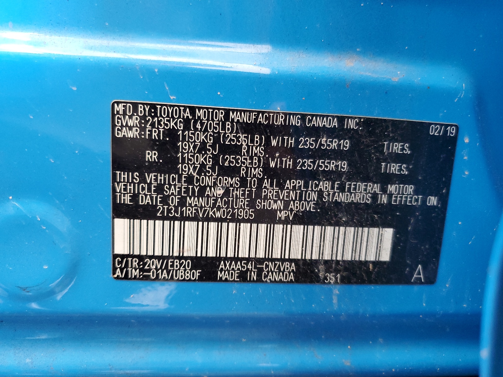 2T3J1RFV7KW021905 2019 Toyota Rav4 Adventure