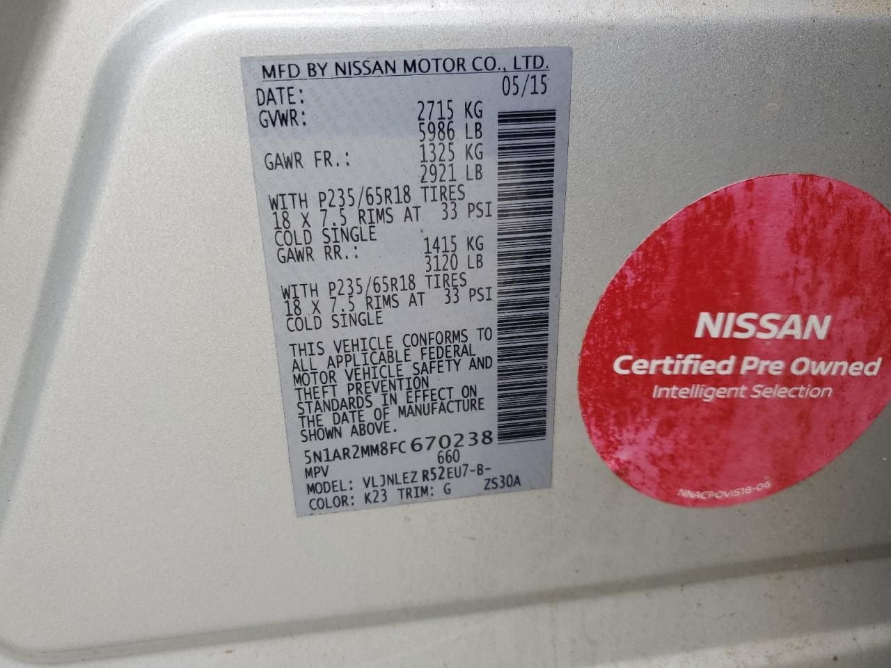 2015 Nissan Pathfinder S VIN: 5N1AR2MM8FC670238 Lot: 61032124