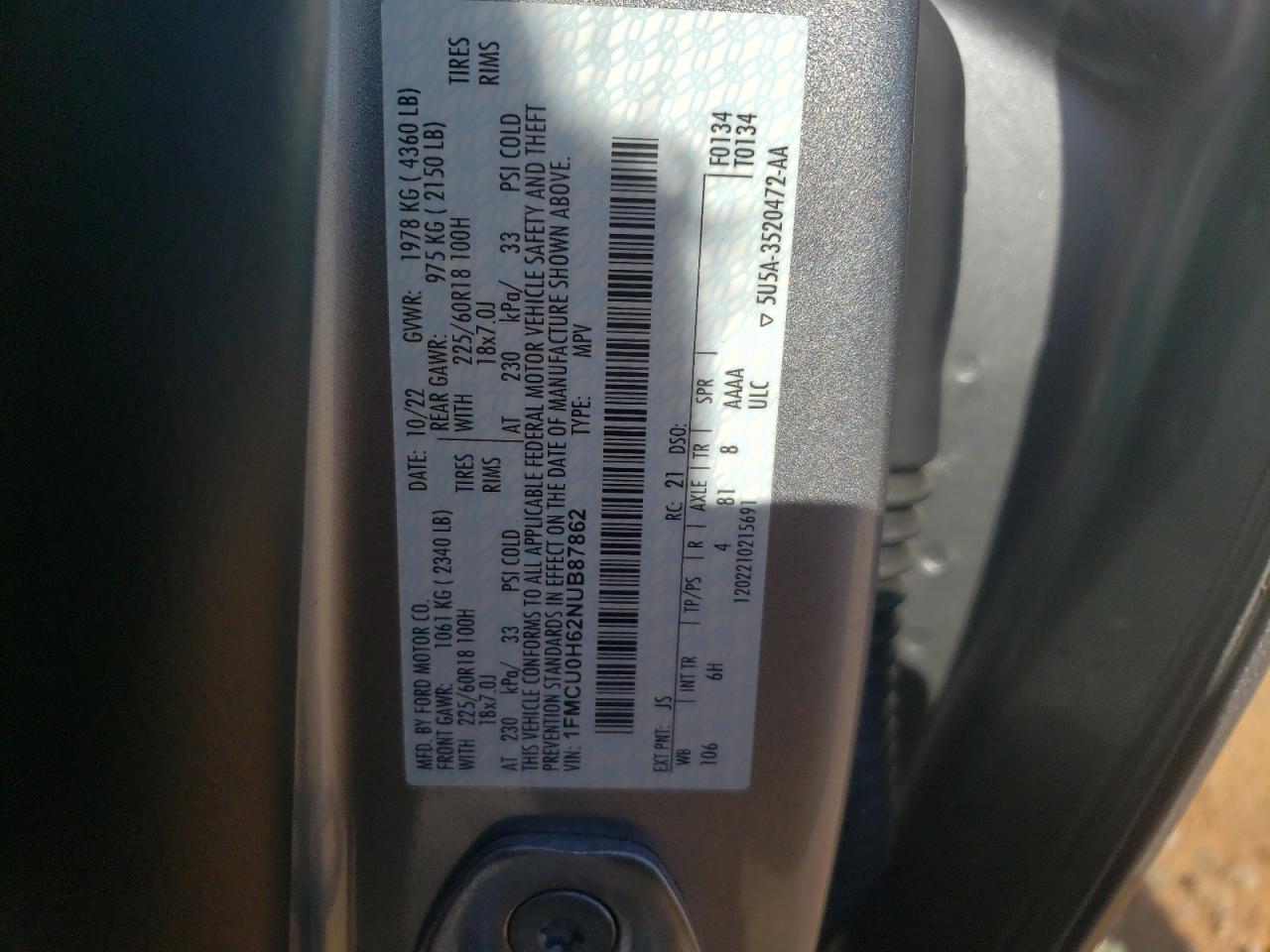 2022 Ford Escape Sel VIN: 1FMCU0H62NUB87862 Lot: 59839874