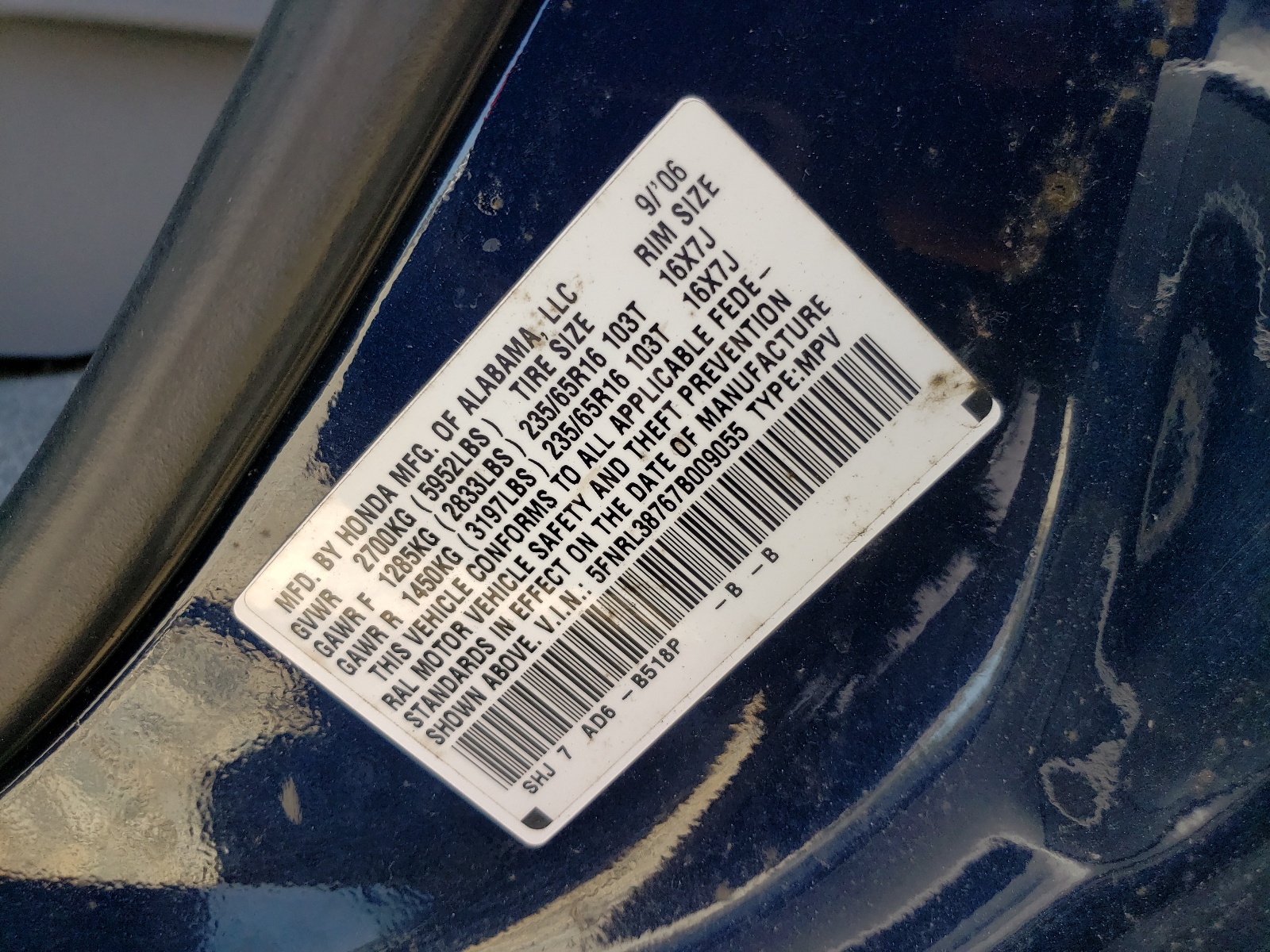 5FNRL38767B009055 2007 Honda Odyssey Exl