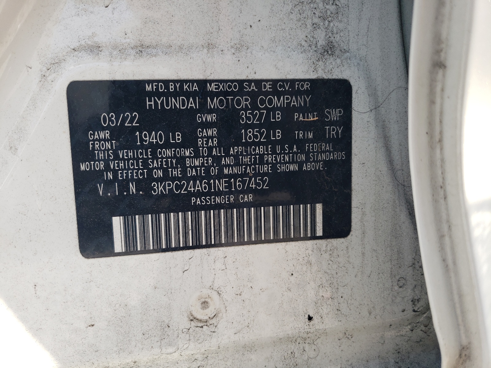 3KPC24A61NE167452 2022 Hyundai Accent Se