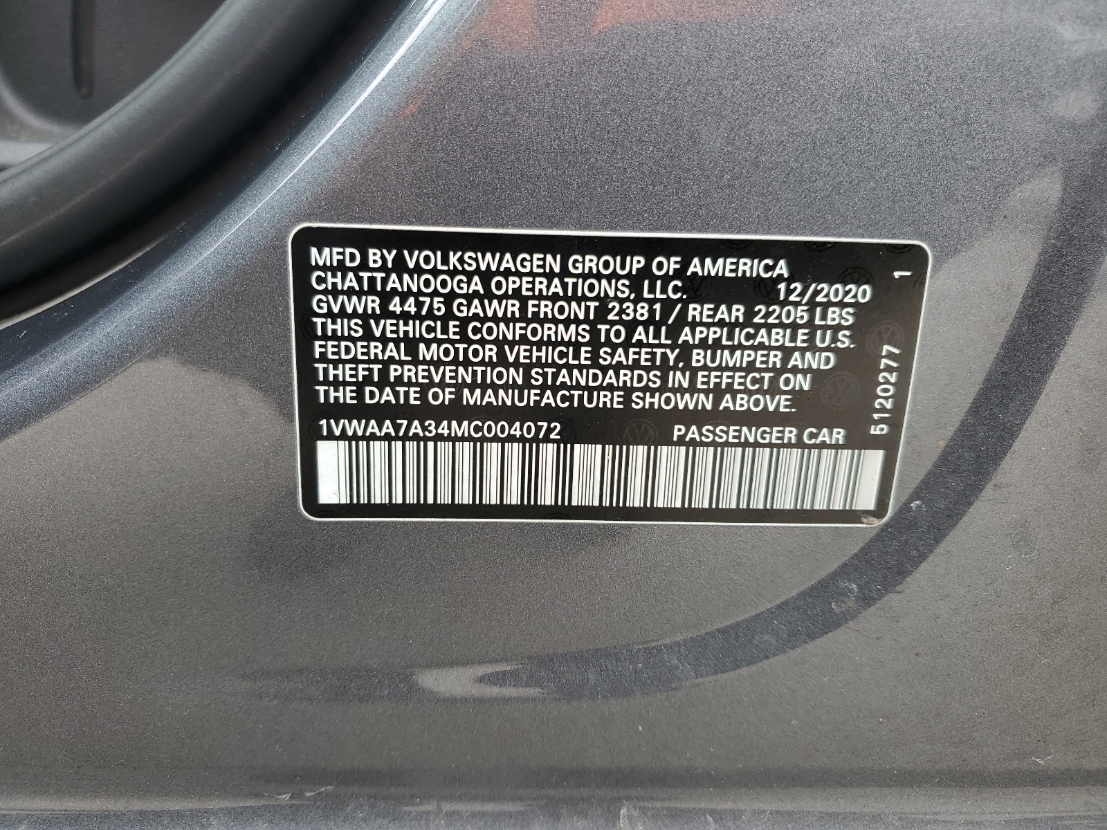 1VWAA7A34MC004072 2021 Volkswagen Passat S