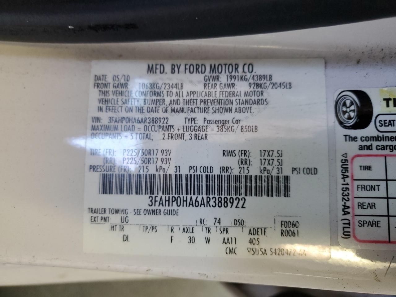 2010 Ford Fusion Se VIN: 3FAHP0HA6AR388922 Lot: 59172904