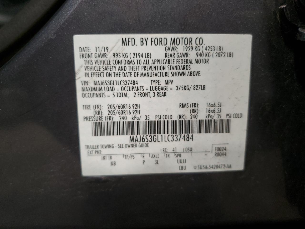 2020 Ford Ecosport Se VIN: MAJ6S3GL1LC337484 Lot: 57939434