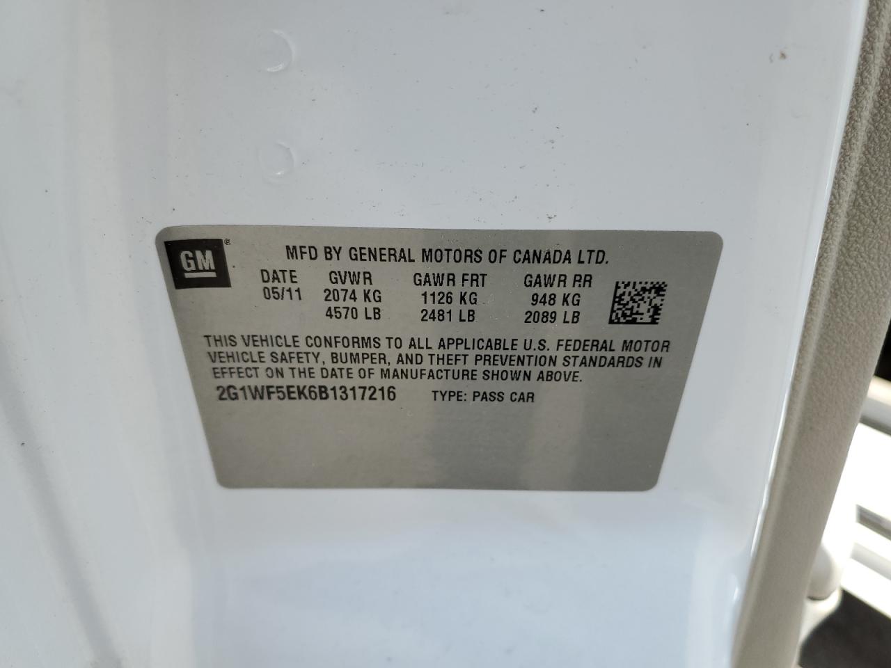 2011 Chevrolet Impala Ls VIN: 2G1WF5EK6B1317216 Lot: 57282204