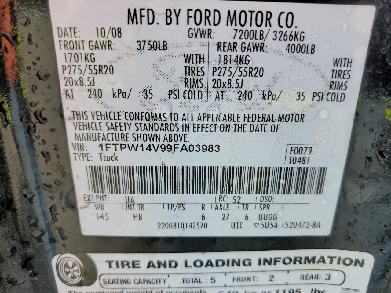 2009 Ford F150 Supercrew VIN: 1FTPW14V99FA03983 Lot: 59265364