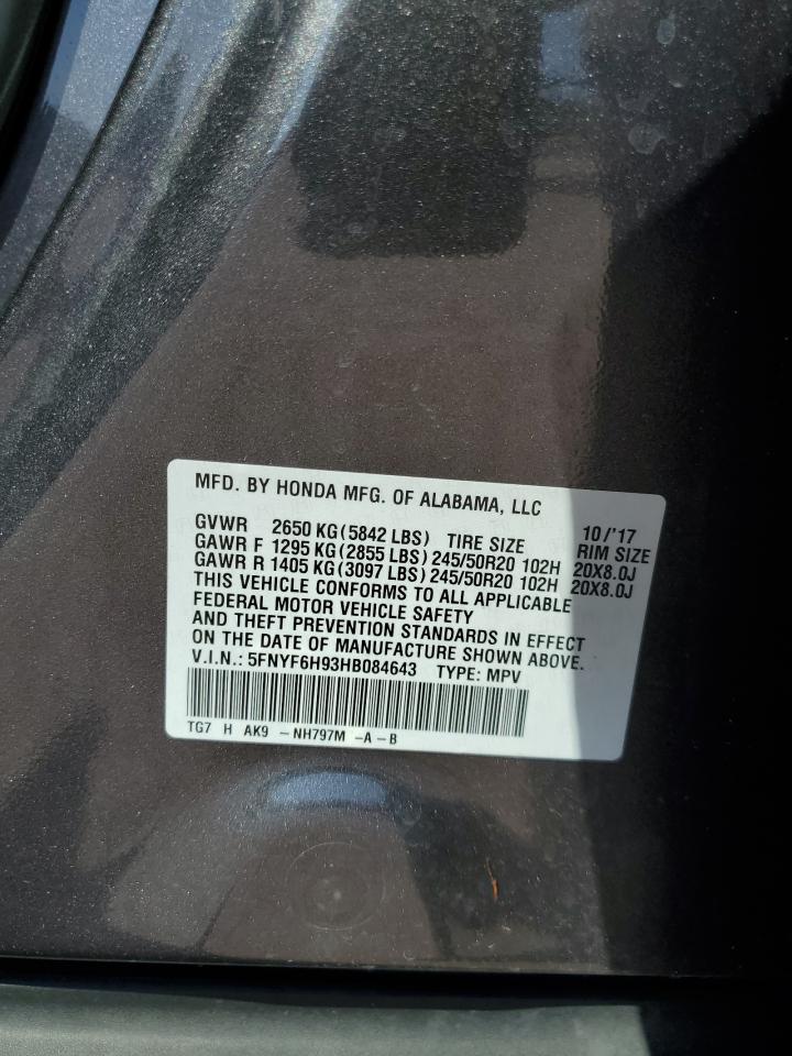 2017 Honda Pilot Touring VIN: 5FNYF6H93HB084643 Lot: 58423274