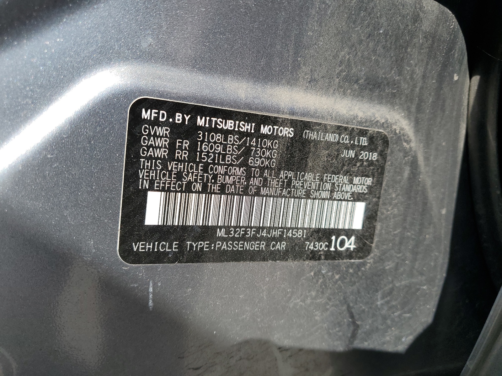 ML32F3FJ4JHF14581 2018 Mitsubishi Mirage G4 Es