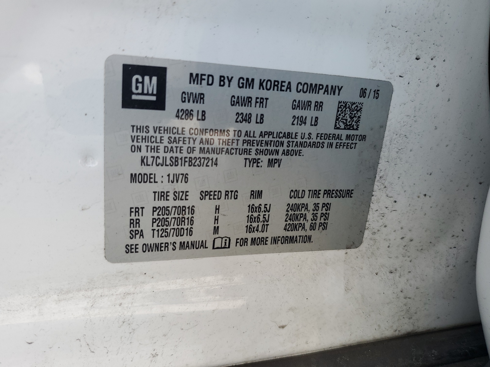 KL7CJLSB1FB237214 2015 Chevrolet Trax 1Lt