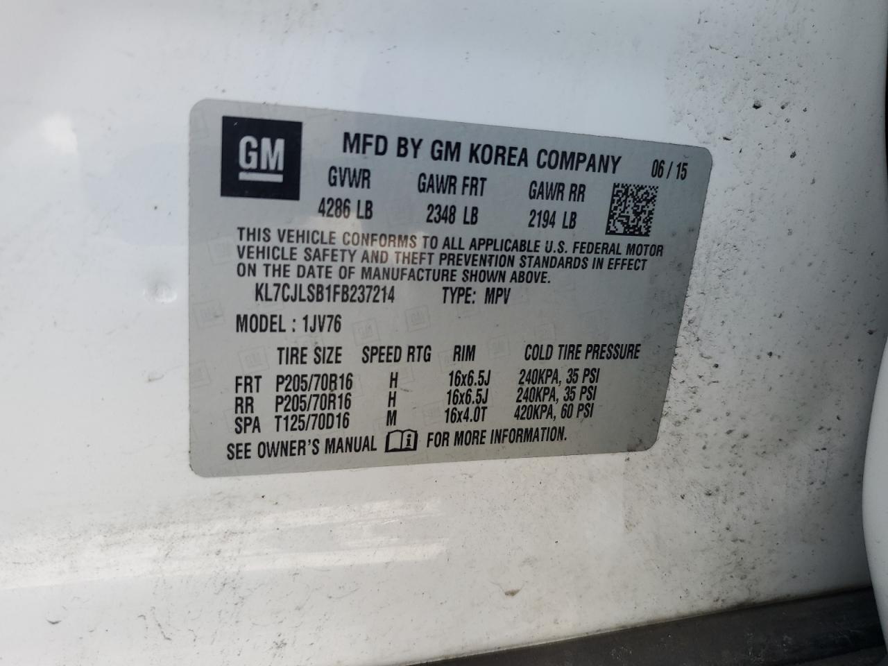 2015 Chevrolet Trax 1Lt VIN: KL7CJLSB1FB237214 Lot: 61112074