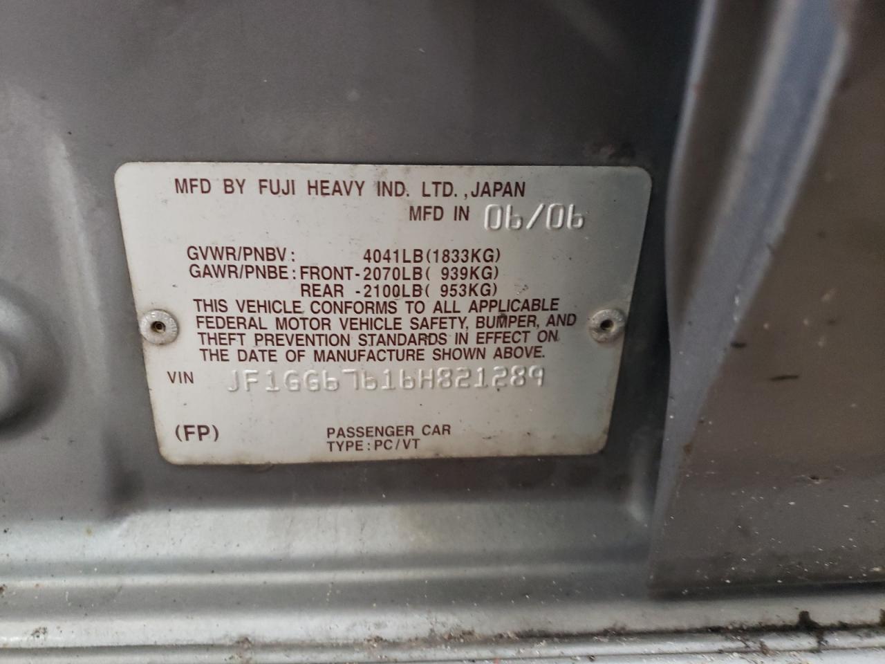 2006 Subaru Impreza 2.5I Sports Wagon VIN: JF1GG67616H821289 Lot: 60149314