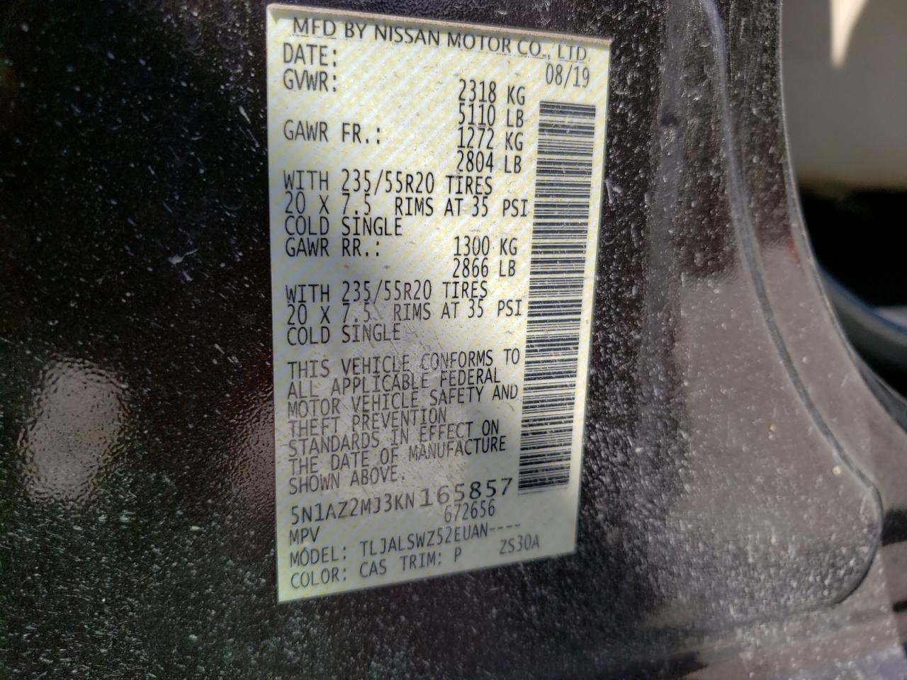 2019 Nissan Murano S VIN: 5N1AZ2MJ3KN165857 Lot: 58967894