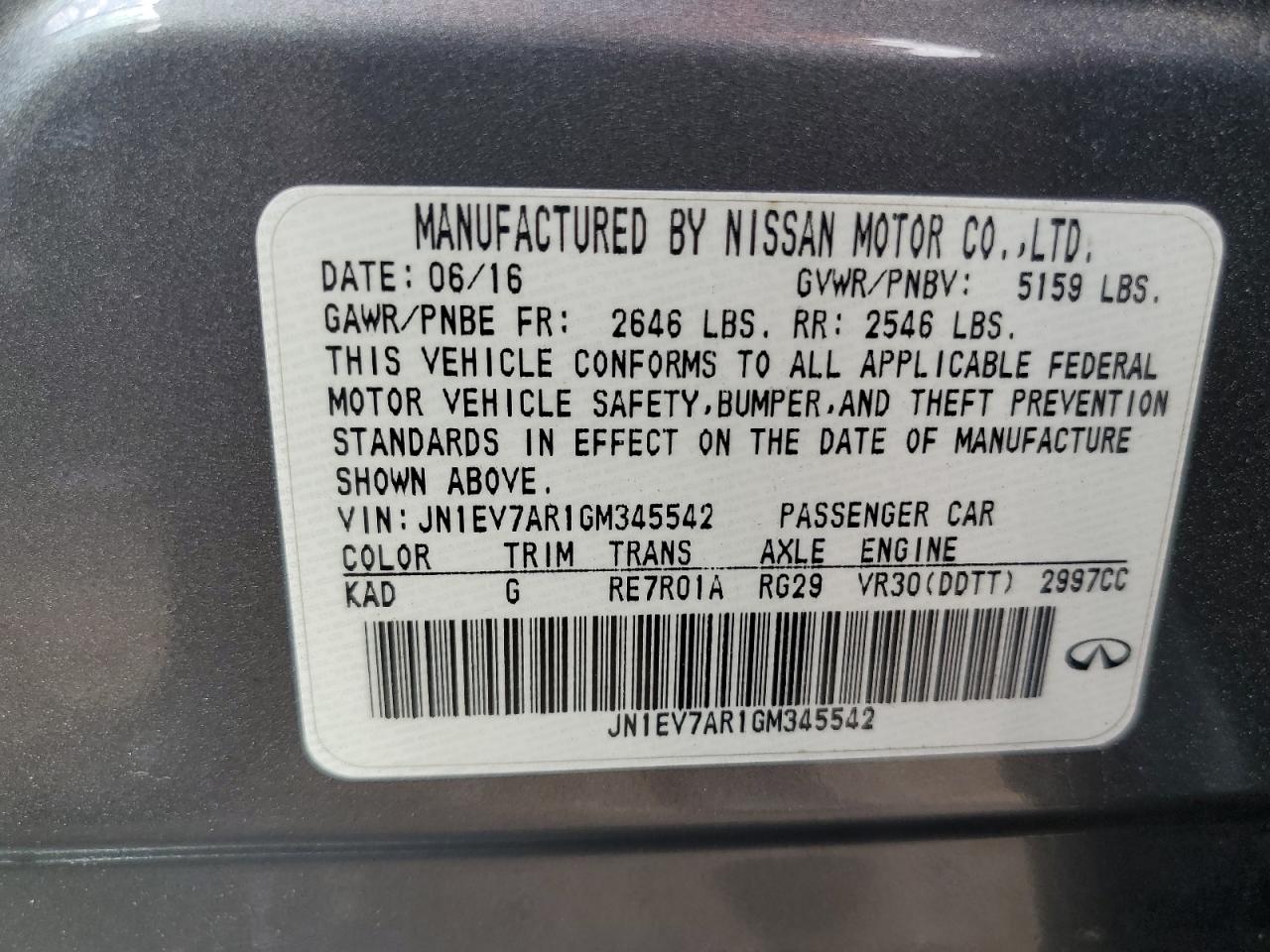 2016 Infiniti Q50 Premium VIN: JN1EV7AR1GM345542 Lot: 60967044