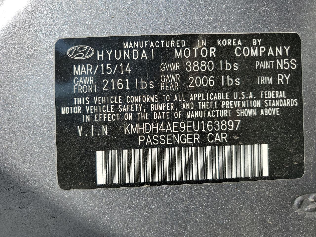 KMHDH4AE9EU163897 2014 Hyundai Elantra Se