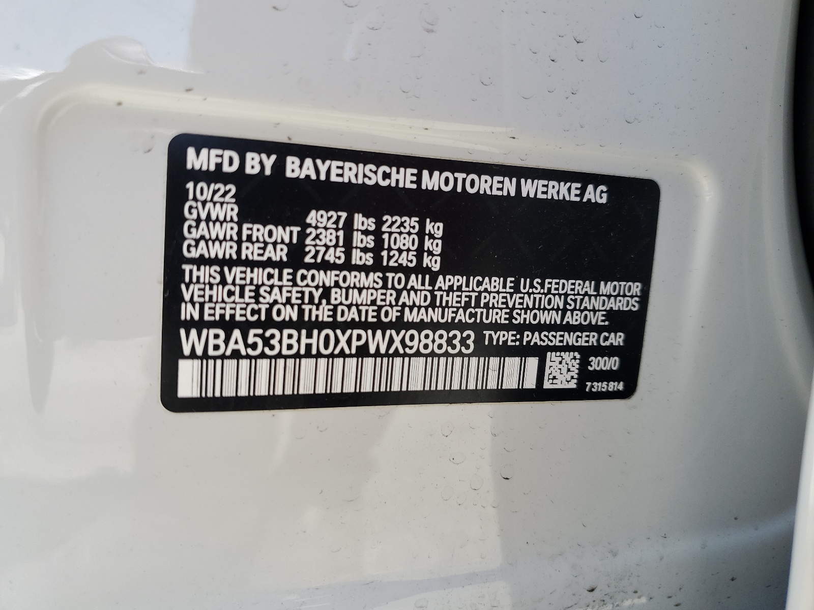 WBA53BH0XPWX98833 2023 BMW 530 I