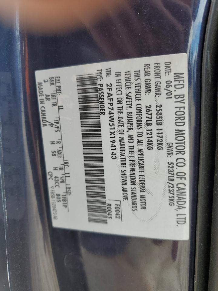 2001 Ford Crown Victoria Lx VIN: 2FAFP74W51X194143 Lot: 59100214