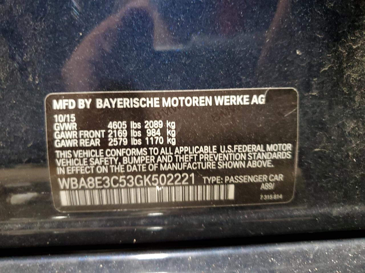 2016 BMW 328 Xi Sulev VIN: WBA8E3C53GK502221 Lot: 60680954