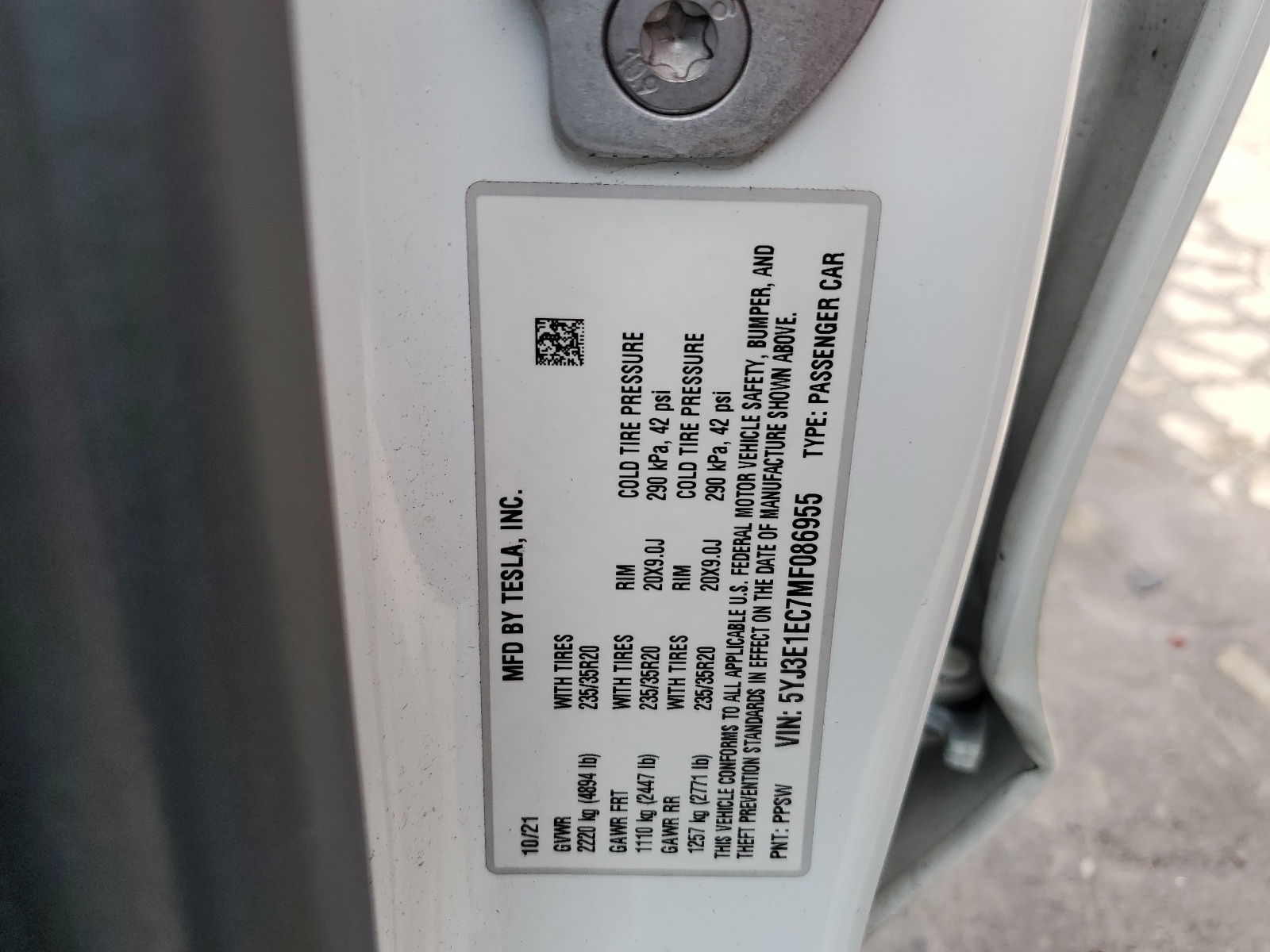 5YJ3E1EC7MF086955 2021 Tesla Model 3