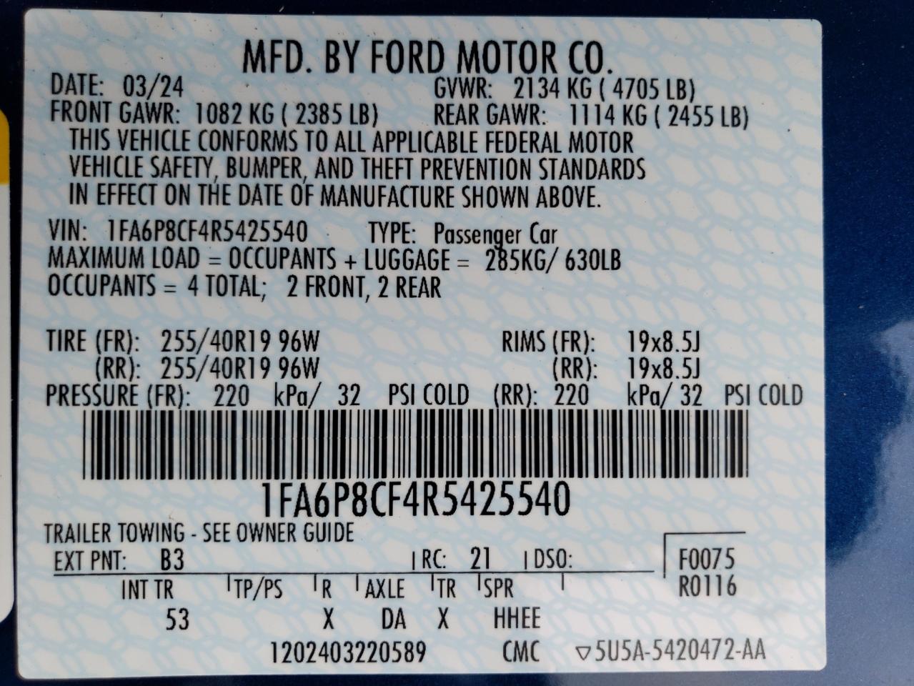 2024 Ford Mustang Gt VIN: 1FA6P8CF4R5425540 Lot: 57055274