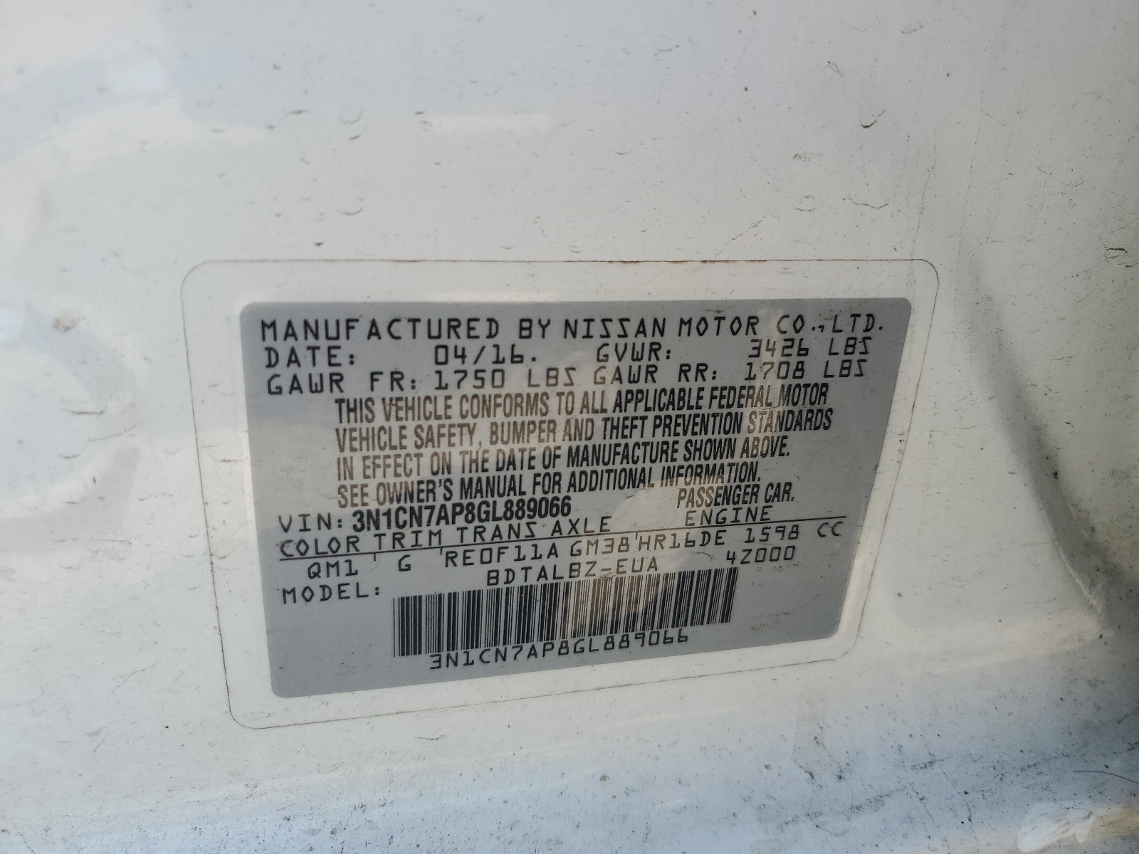 3N1CN7AP8GL889066 2016 Nissan Versa S