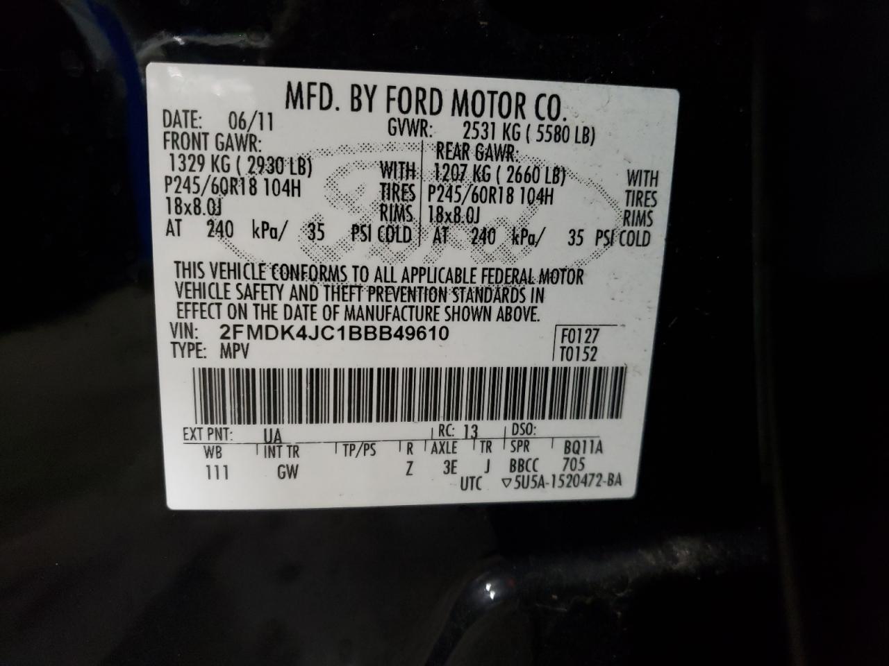 2011 Ford Edge Sel VIN: 2FMDK4JC1BBB49610 Lot: 57806764