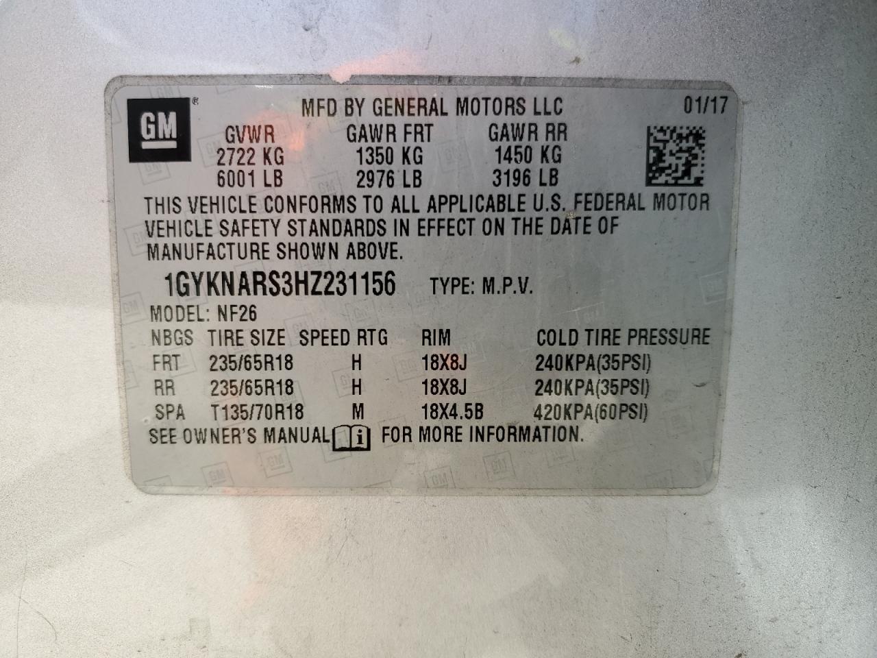 2017 Cadillac Xt5 VIN: 1GYKNARS3HZ231156 Lot: 63062524