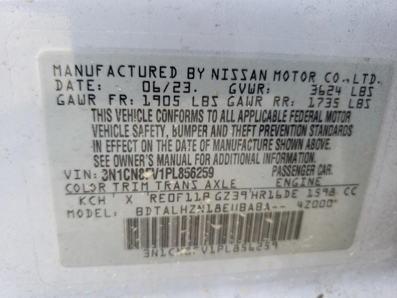 2023 Nissan Versa Sr VIN: 3N1CN8FV1PL856259 Lot: 60752604