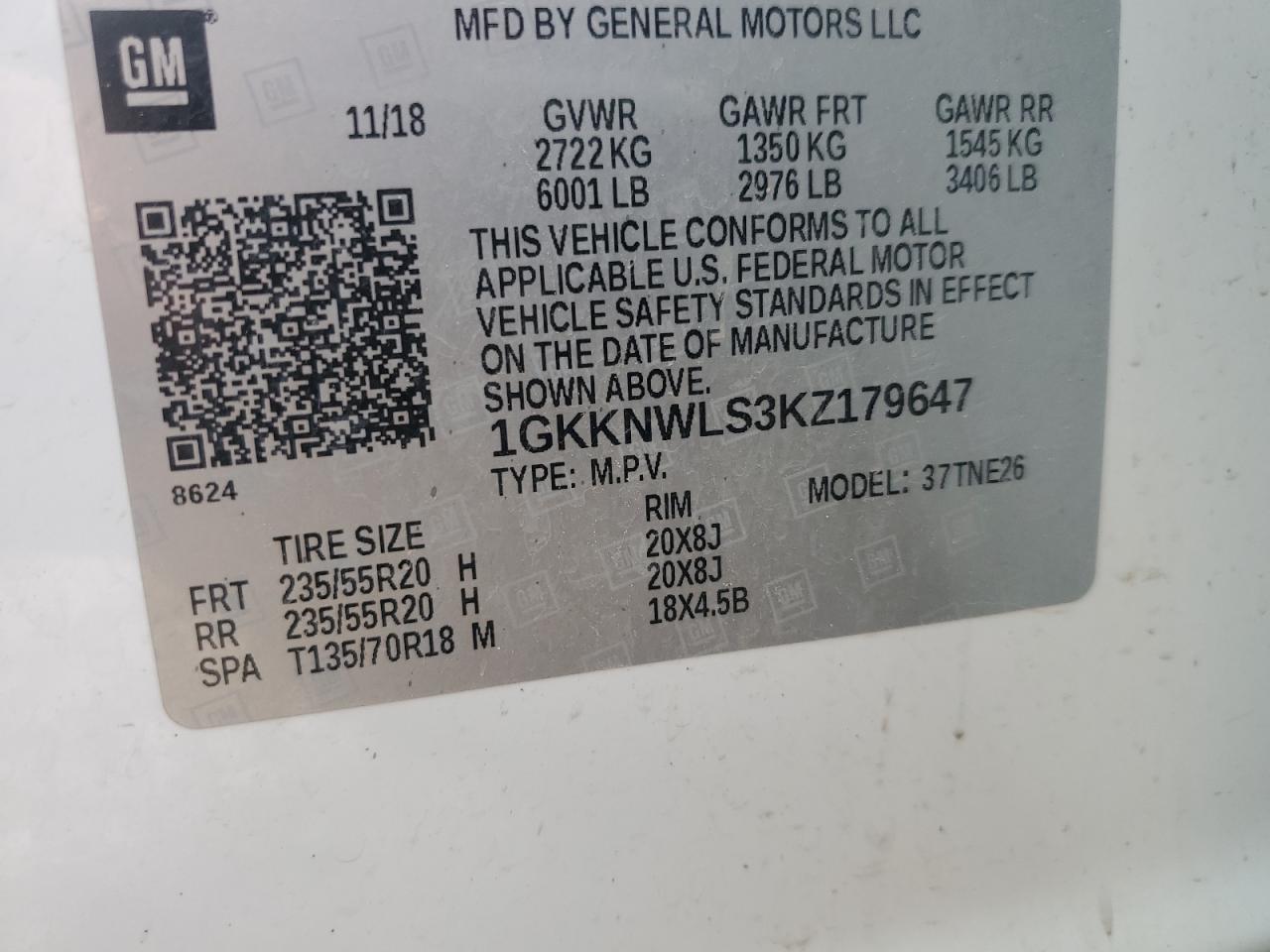 2019 GMC Acadia Slt-2 VIN: 1GKKNWLS3KZ179647 Lot: 60865124