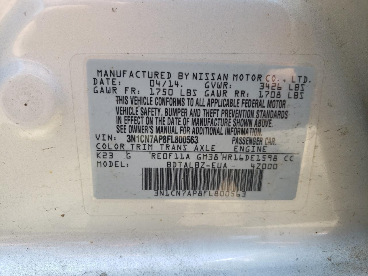 2015 Nissan Versa S VIN: 3N1CN7AP8FL800563 Lot: 59746994