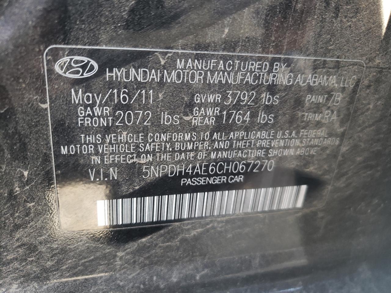 2012 Hyundai Elantra Gls VIN: 5NPDH4AE6CH067270 Lot: 57897974