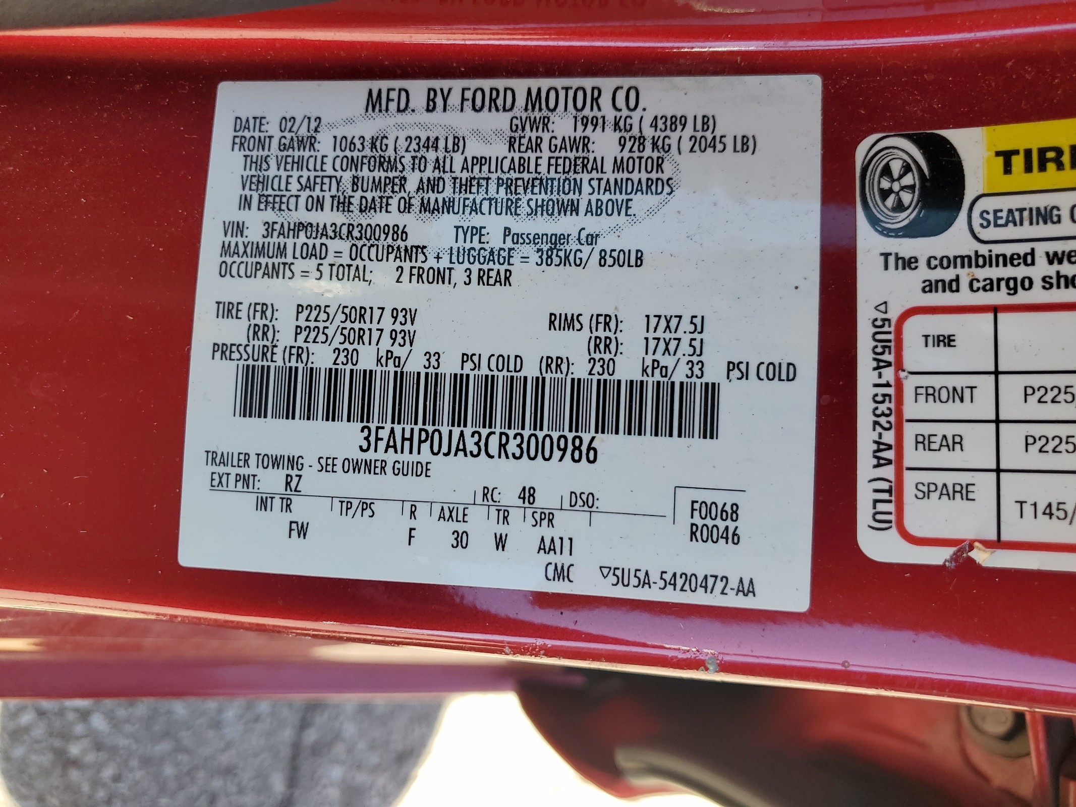 3FAHP0JA3CR300986 2012 Ford Fusion Sel