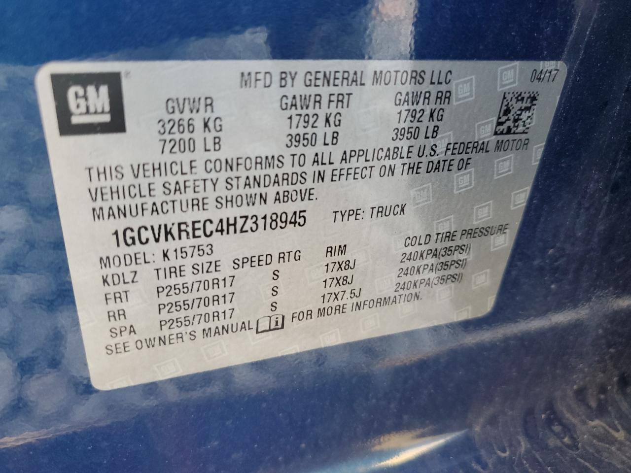 1GCVKREC4HZ318945 2017 Chevrolet Silverado K1500 Lt