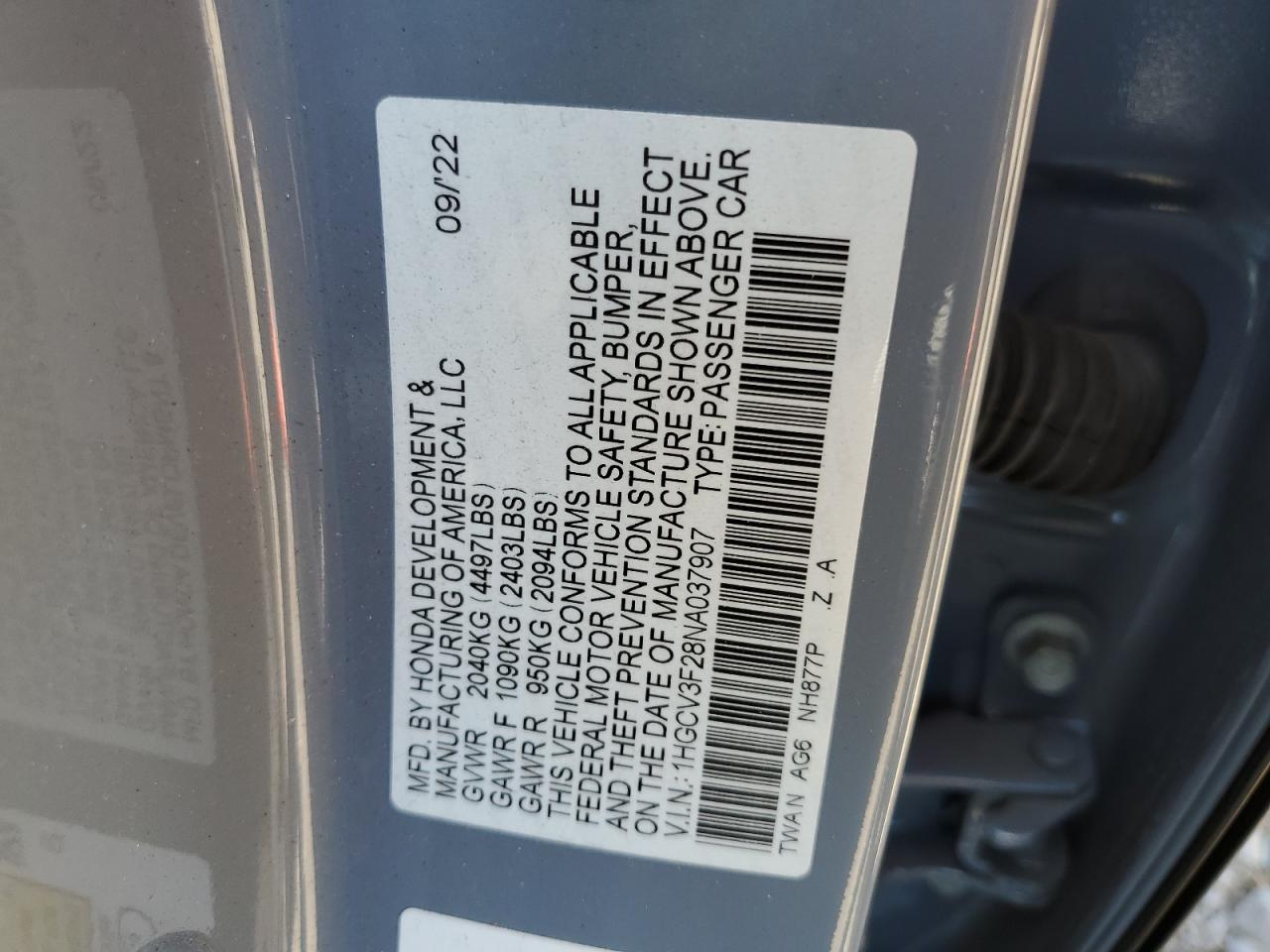 1HGCV3F28NA037907 2022 Honda Accord Hybrid Sport