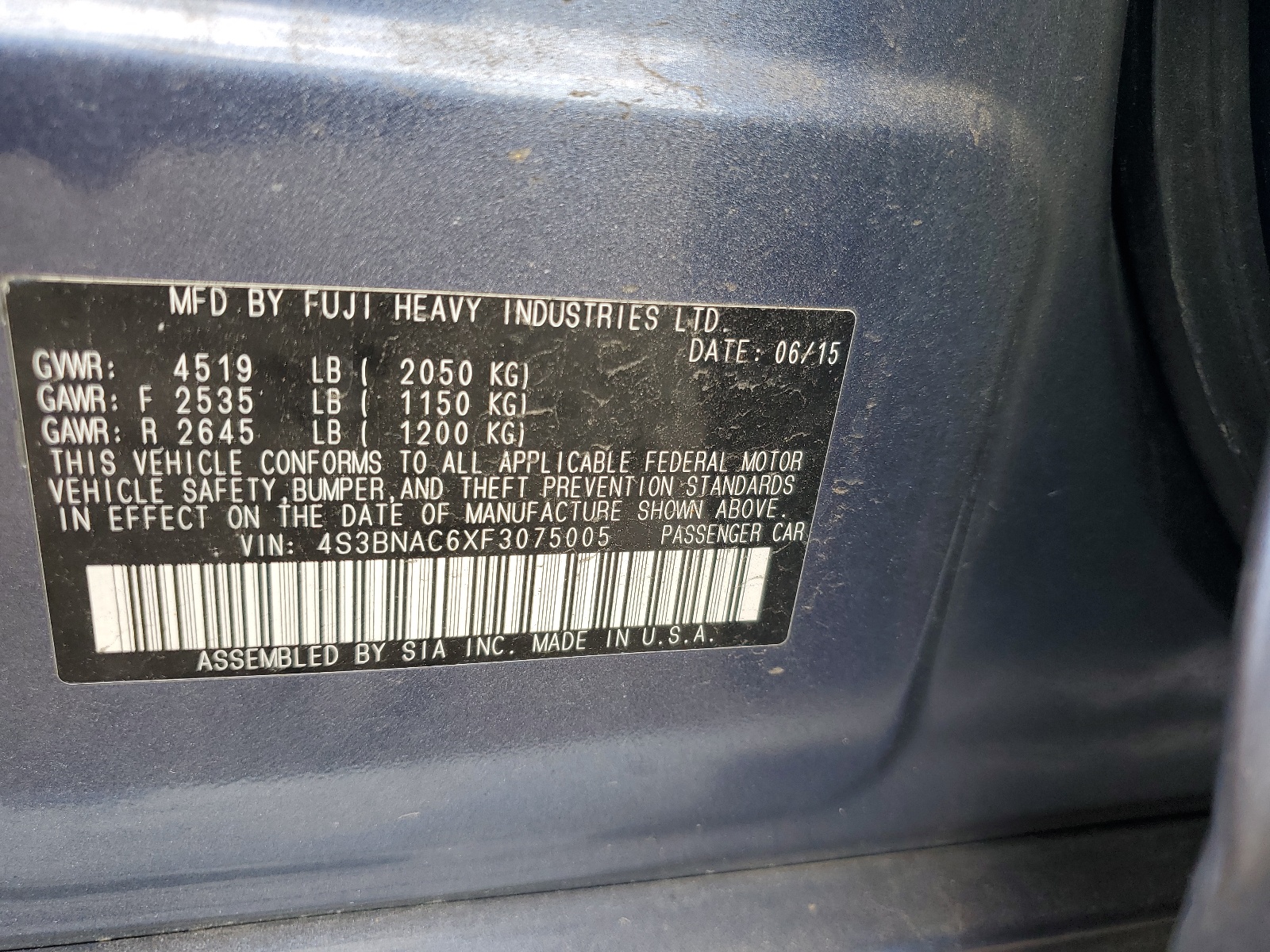 4S3BNAC6XF3075005 2015 Subaru Legacy 2.5I Premium