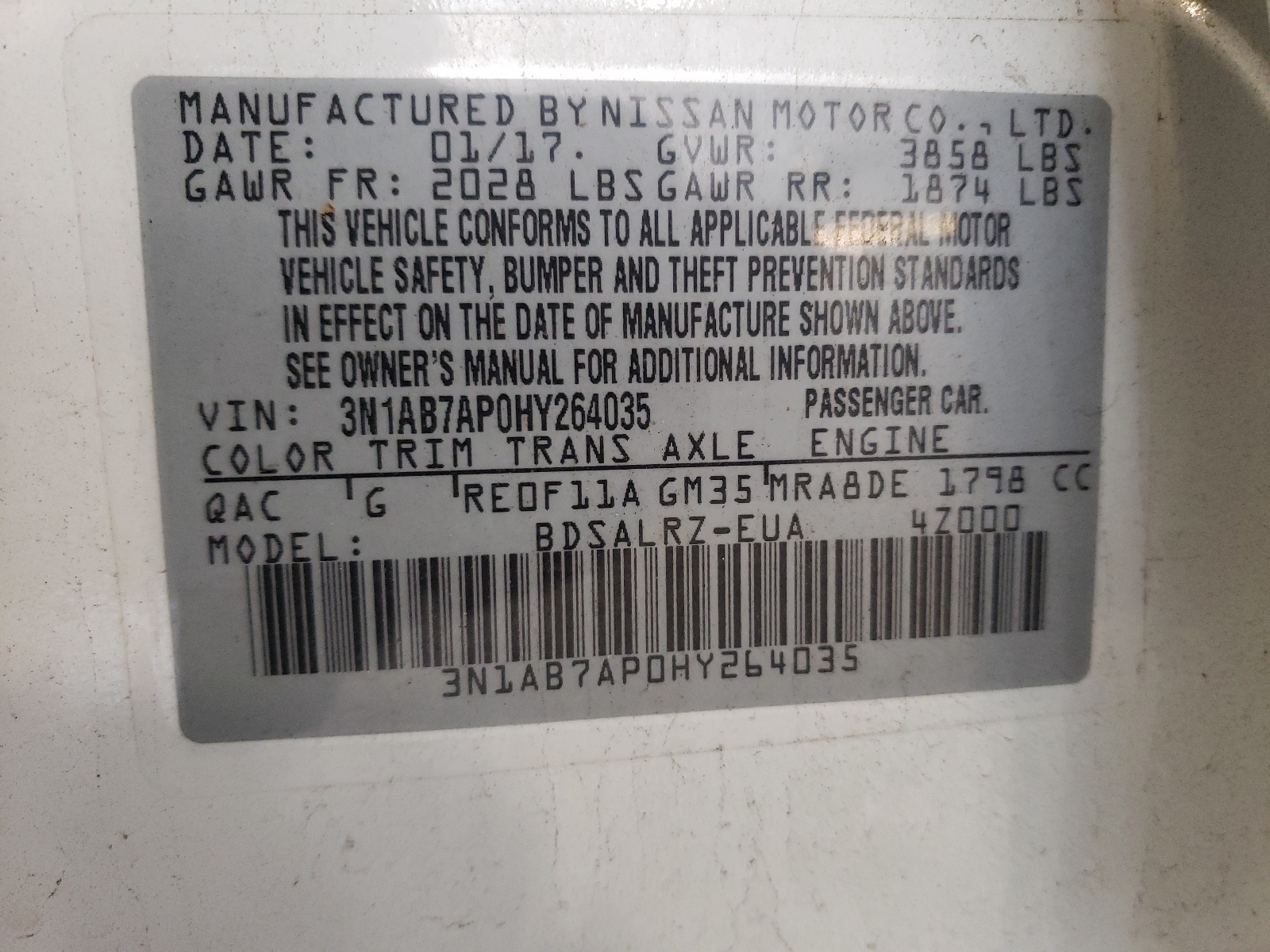 3N1AB7AP0HY264035 2017 Nissan Sentra S