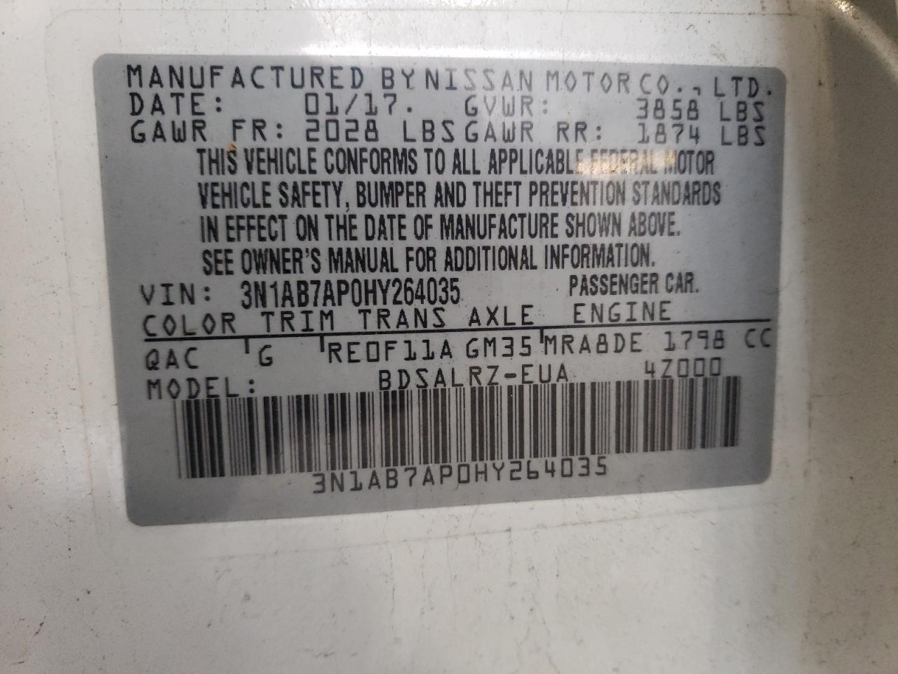 2017 Nissan Sentra S VIN: 3N1AB7AP0HY264035 Lot: 57870444