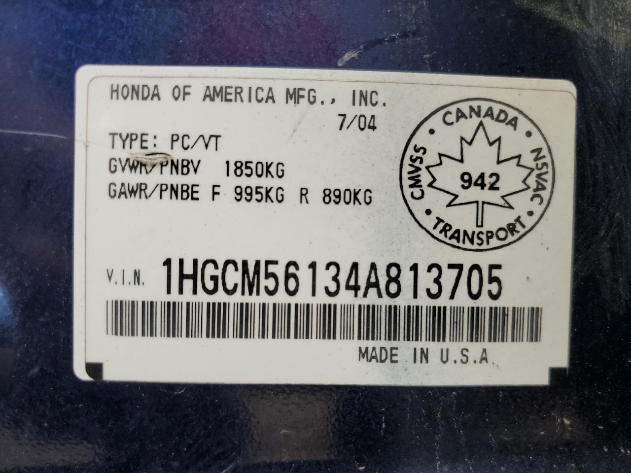 2004 Honda Accord Dx VIN: 1HGCM56134A813705 Lot: 60043494