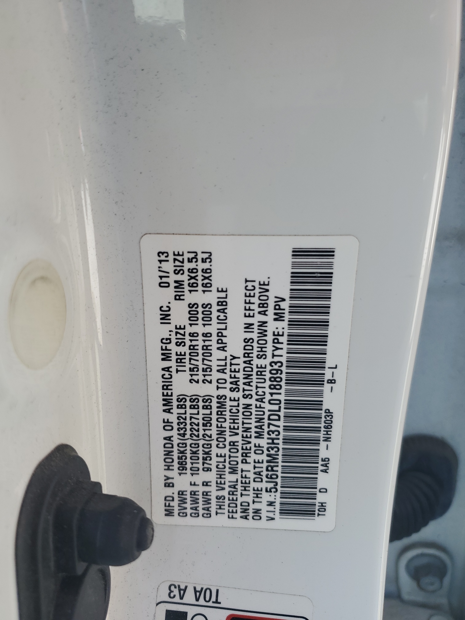 5J6RM3H37DL018893 2013 Honda Cr-V Lx