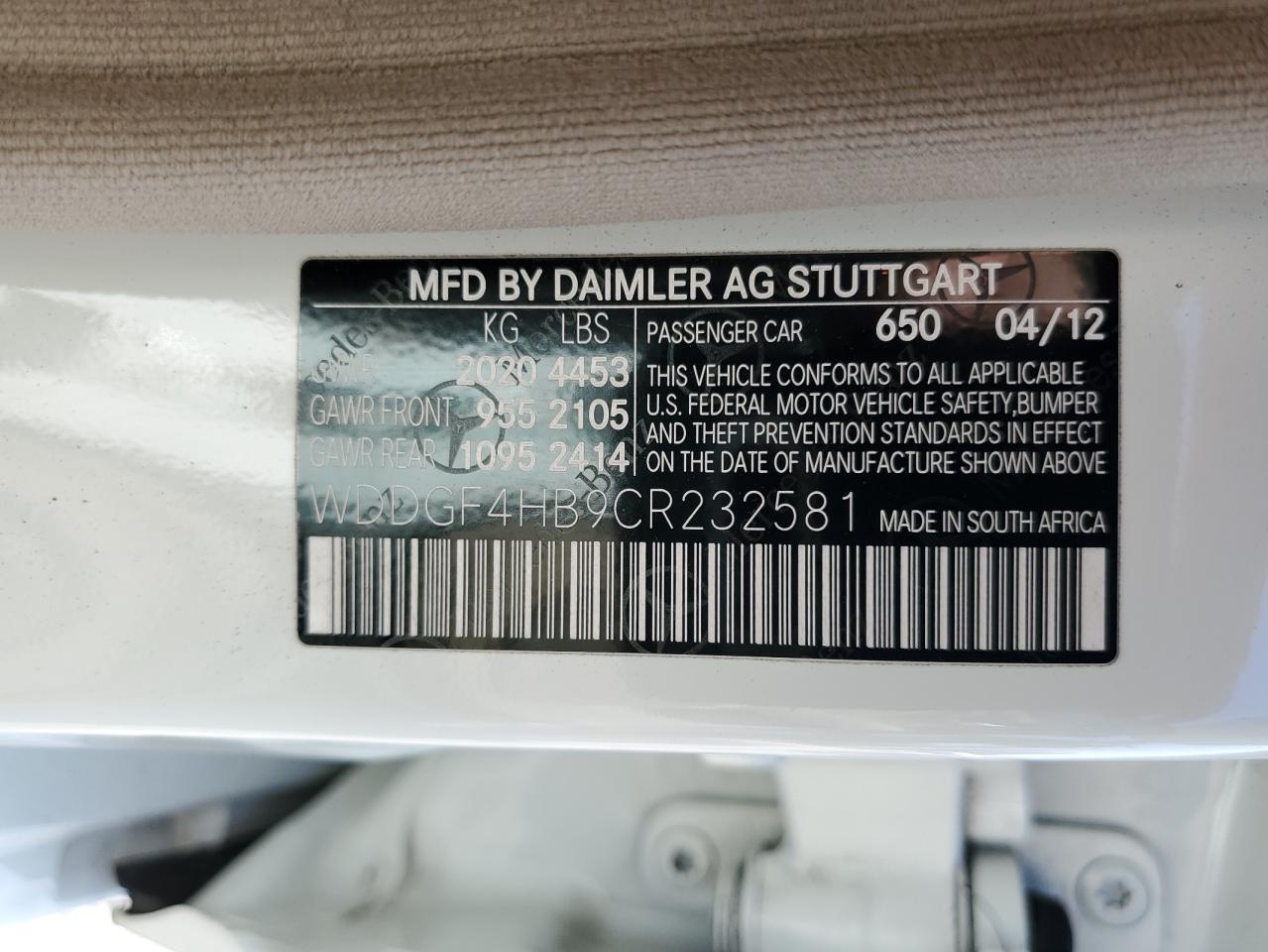 2012 Mercedes-Benz C 250 VIN: WDDGF4HB9CR232581 Lot: 59066254