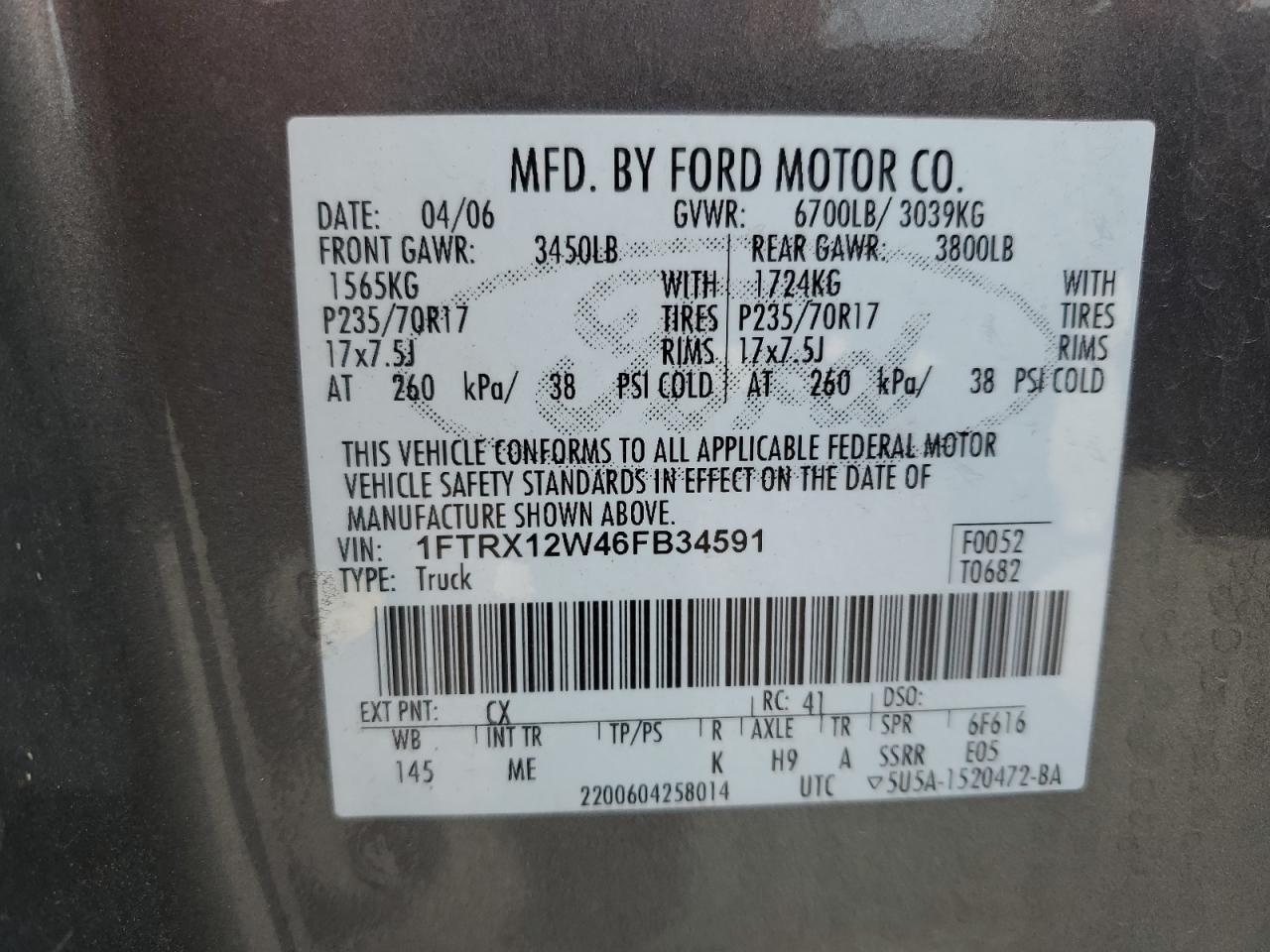 2006 Ford F150 VIN: 1FTRX12W46FB34591 Lot: 57785084