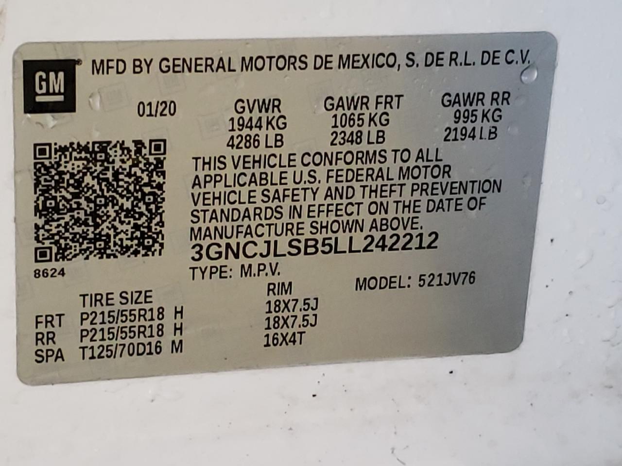 2020 Chevrolet Trax 1Lt VIN: 3GNCJLSB5LL242212 Lot: 60640684