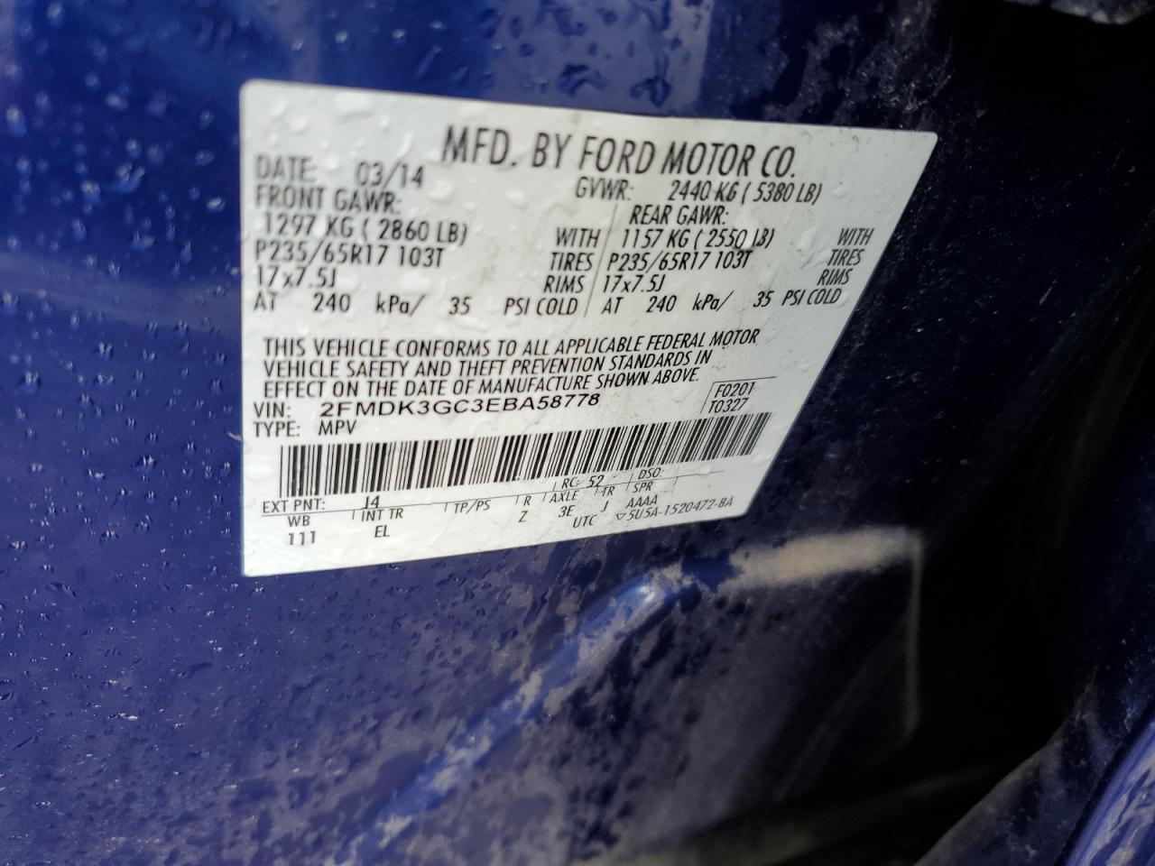 2014 Ford Edge Se VIN: 2FMDK3GC3EBA58778 Lot: 57004114