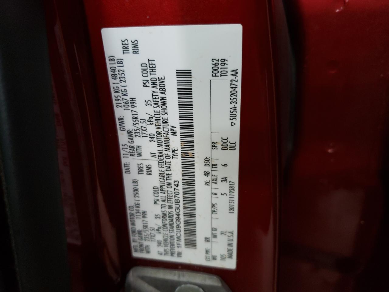 2016 Ford Escape Se VIN: 1FMCU9G94GUB70743 Lot: 60604614