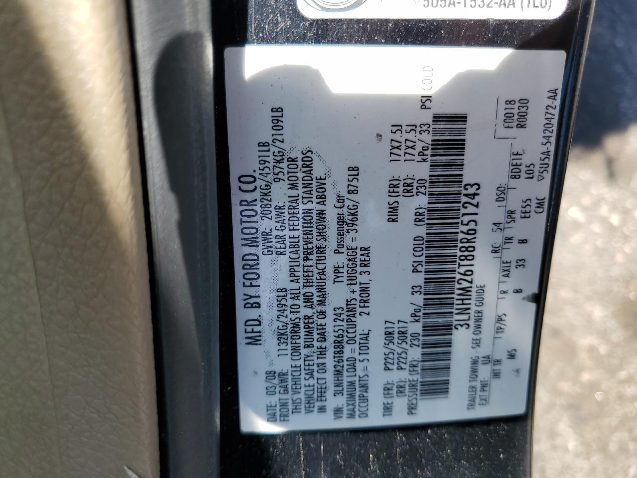 2008 Lincoln Mkz VIN: 3LNHM26T88R651243 Lot: 57584714