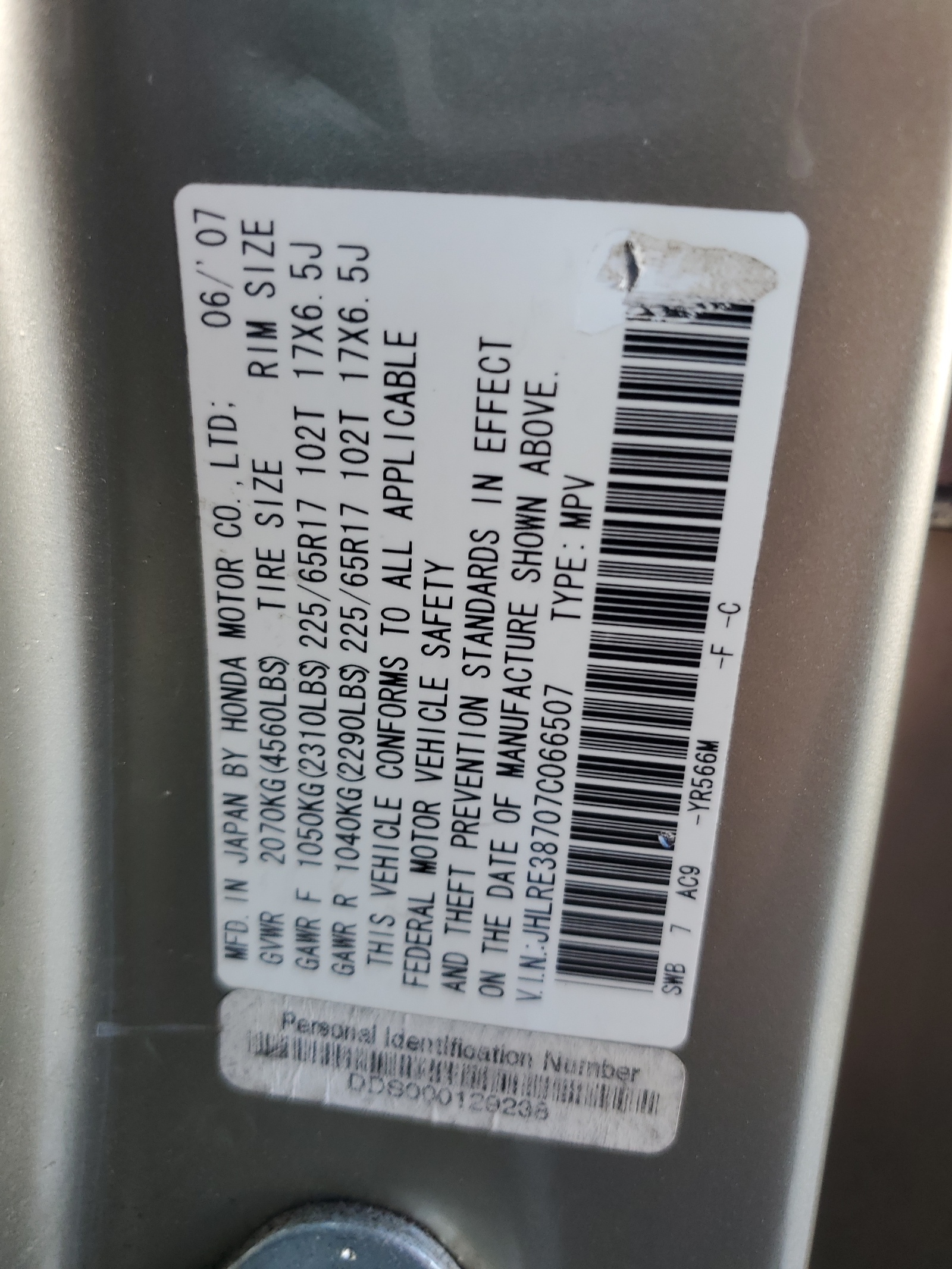 JHLRE38707C066507 2007 Honda Cr-V Exl