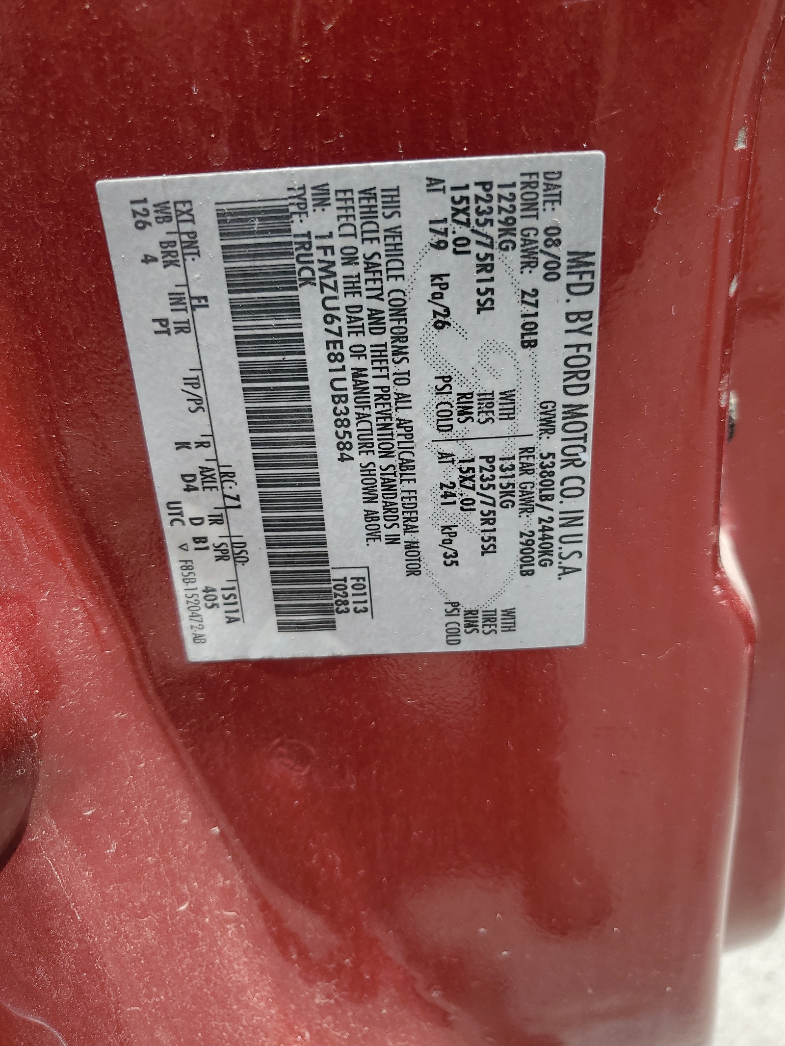 1FMZU67E81UB38584 2001 Ford Explorer Sport Trac