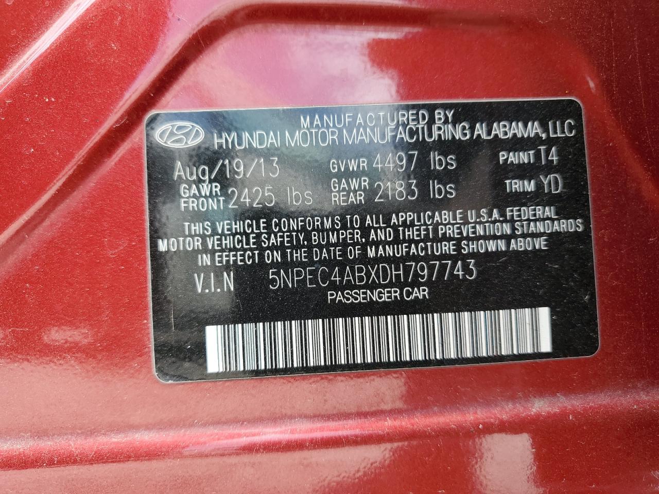 2013 Hyundai Sonata Se VIN: 5NPEC4ABXDH797743 Lot: 56432964