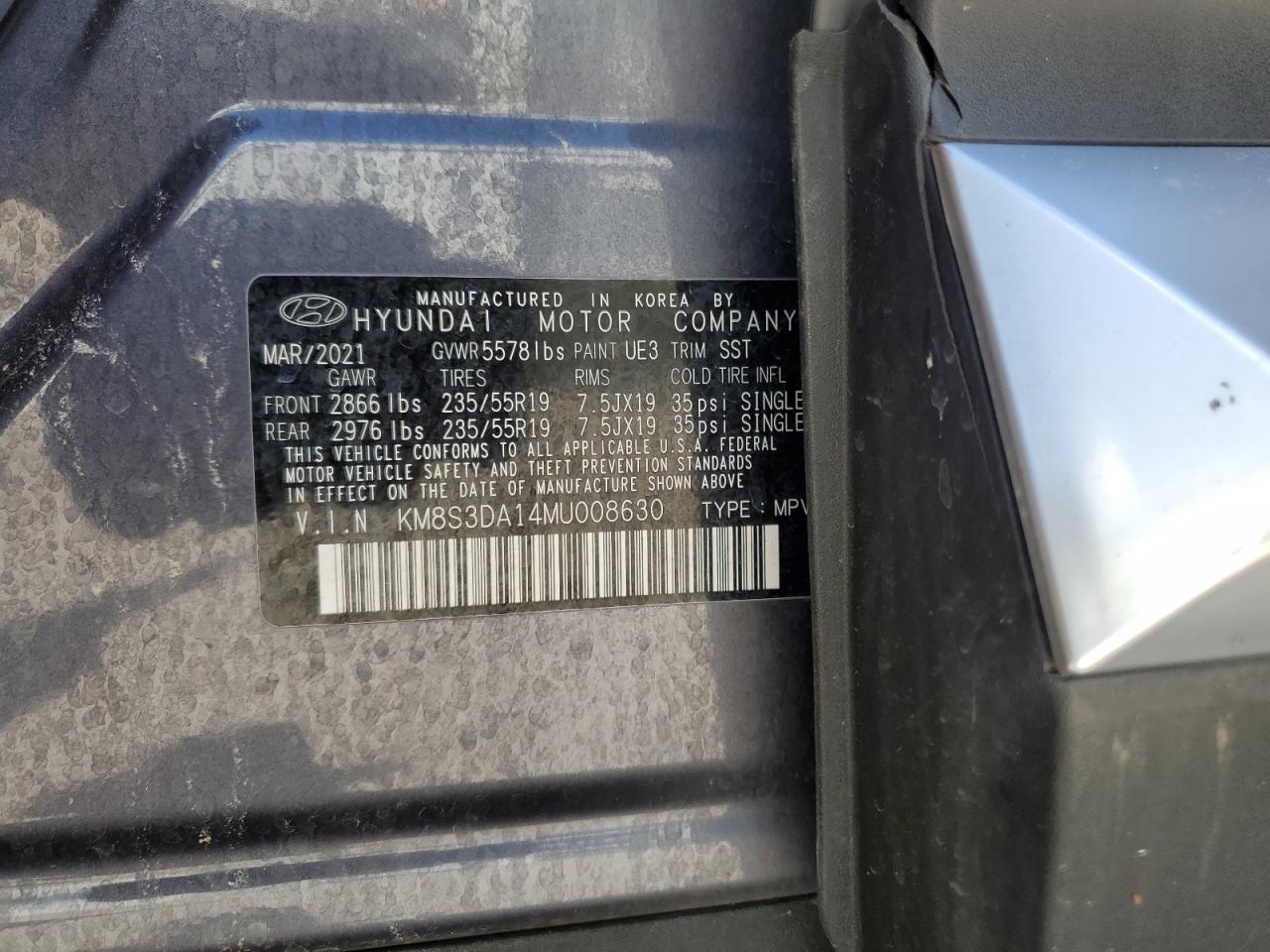 2021 Hyundai Santa Fe Sel Premium VIN: KM8S3DA14MU008630 Lot: 57203984