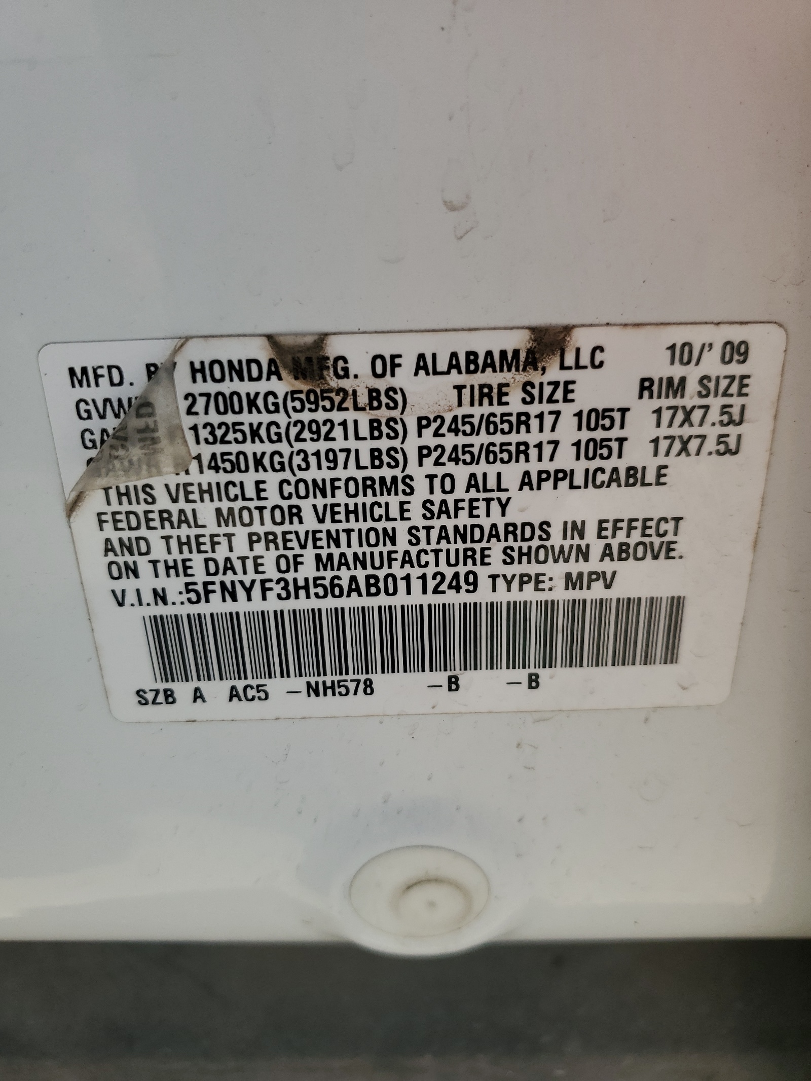 5FNYF3H56AB011249 2010 Honda Pilot Exl