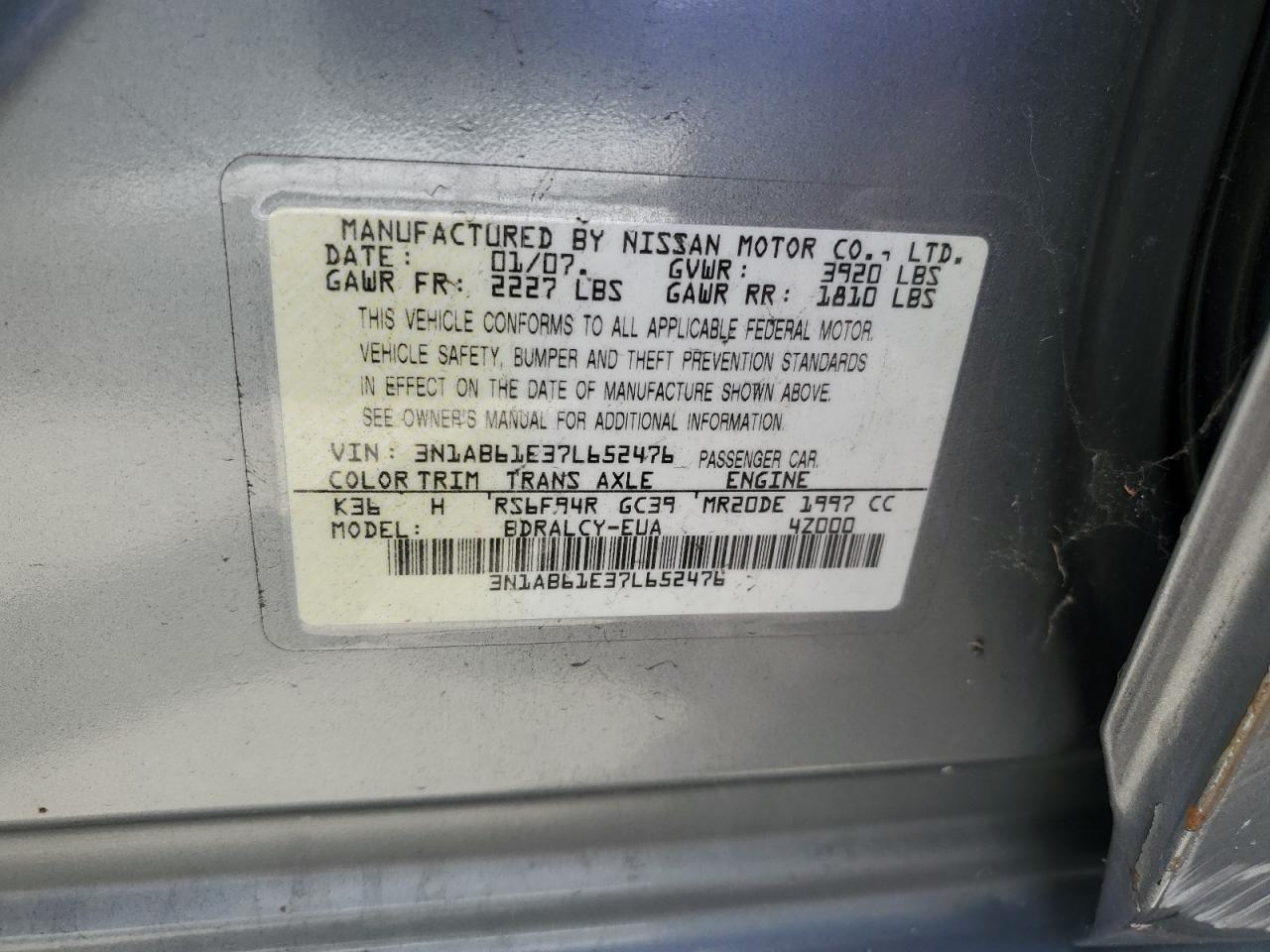 2007 Nissan Sentra 2.0 VIN: 3N1AB61E37L652476 Lot: 58889014